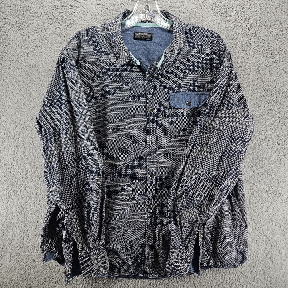 Steves Jeans Mens XXL Navy Blue Geometric Camo Print Cotton Button Down Shirt